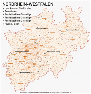 Nordrhein-Westfalen NRW Vektorkarte Landkreise Gemeinden PLZ-2-3-5 ...