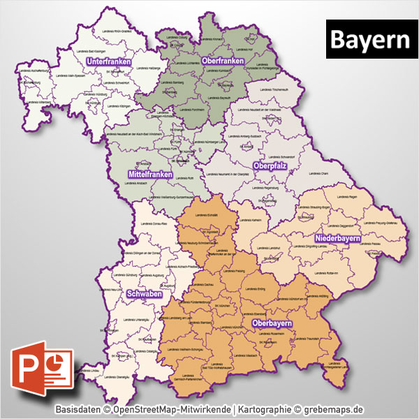 PowerPoint-Karte Bayern Regierungsbezirke Landkreise (Gemeinden als