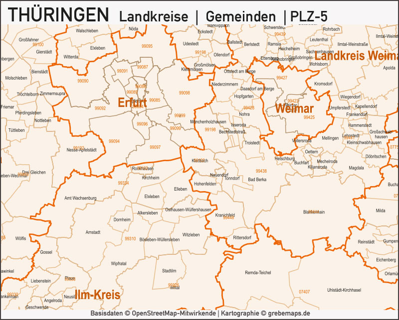 Thüringen Landkreise Gemeinden Postleitzahlen PLZ-5 Vektorkarte