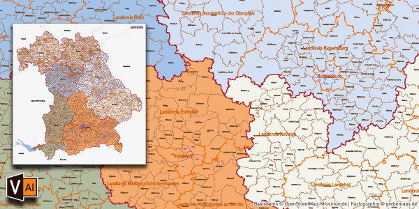 Karte Bayern mit Gemeinden Landkreisen Regierungsbezirken und