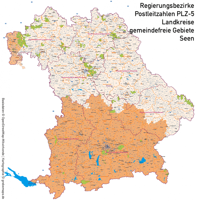 Bayern Vektorkarte Gemeinden Landkreise Postleitzahlen PLZ-5