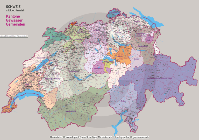 Schweiz Vektorkarte Postleitzahlen PLZ-1-2-3-4-6 Kantone Gemeinden (2021) - grebemaps® B2B 