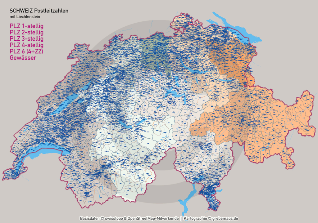 Schweiz Vektorkarte Postleitzahlen PLZ-1-2-3-4-6 Kantone Gemeinden (2021)  grebemaps® B2B 