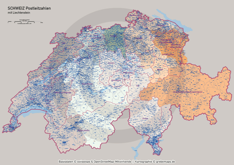 Schweiz Vektorkarte Postleitzahlen PLZ-1-4 Kantone (2021) - grebemaps