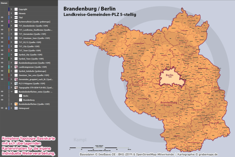 Brandenburg Berlin Vektorkarte Landkreise Gemeinden Postleitzahlen PLZ