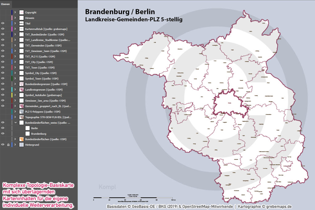 Brandenburg Berlin Vektorkarte Landkreise Gemeinden Postleitzahlen PLZ