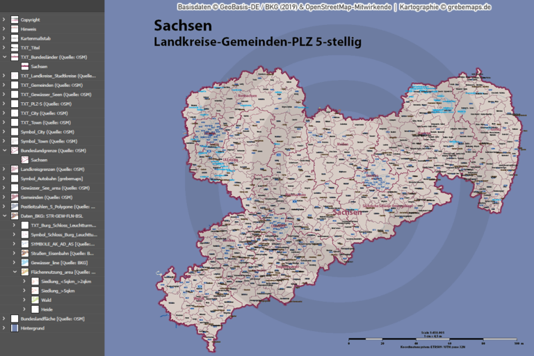 Sachsen Vektorkarte Landkreise Gemeinden Postleitzahlen PLZ-5 (2020/21