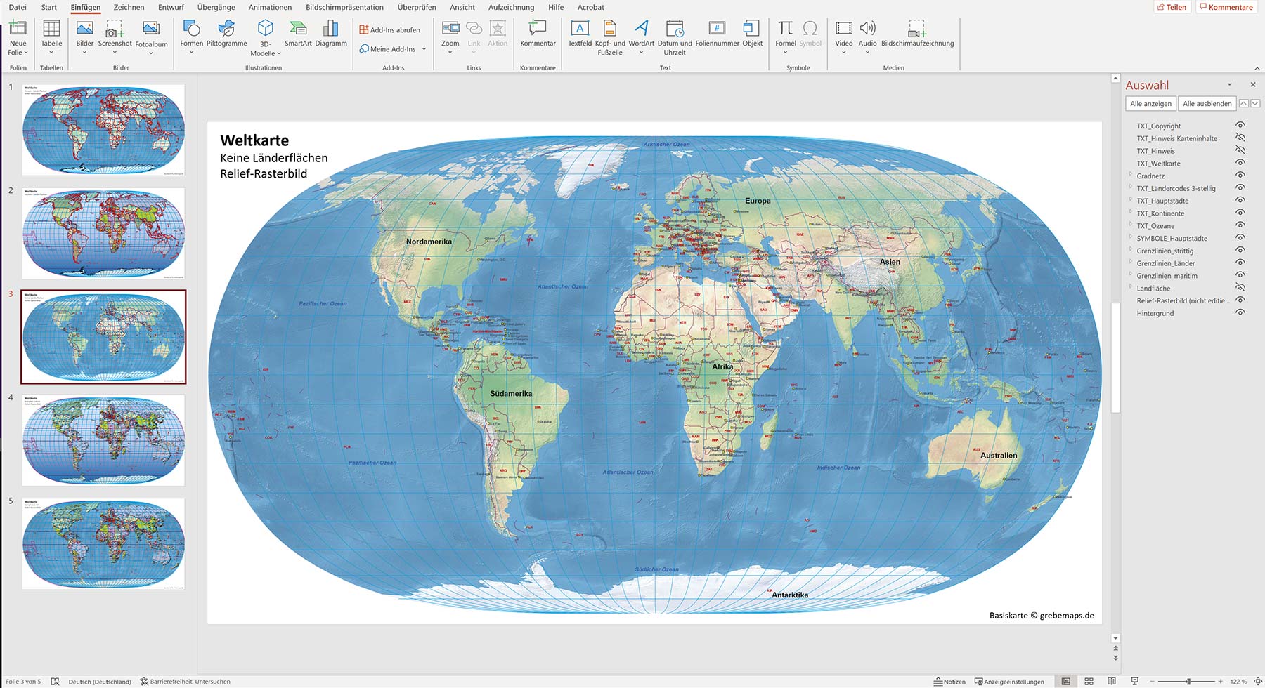 PowerPoint-Karte Weltkarte politisch und physisch mit Ländern zum Einfärben  und Bearbeiten als Download - grebemaps® B2B-KartenShop (GKB)