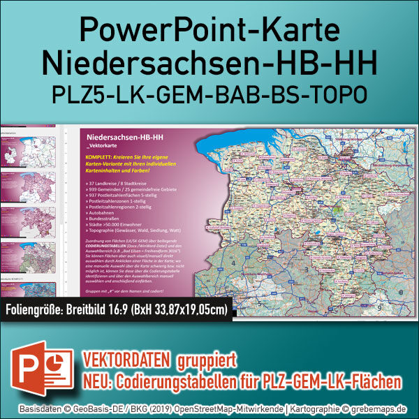 PowerPoint-Karte Niedersachsen Postleitzahlen PLZ 5-stellig Gemeinden Landkreise Archive 